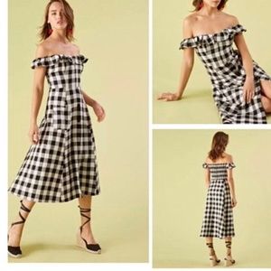Reformation Linen Checkered Black and White Off Shoulder Midi Dress
